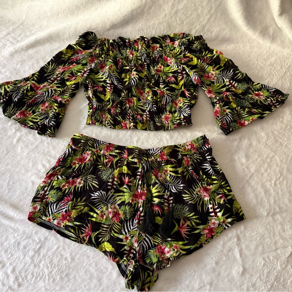Salty Lemon Tropical Floral Palms Black Cropped Top Shorts Set S Beach